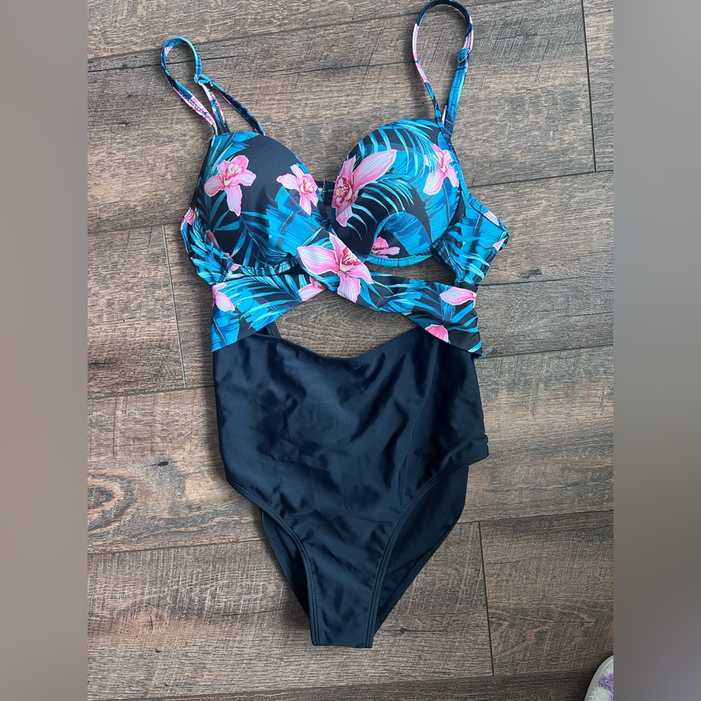 Tropical Floral Cutout One Piece Swimsuit